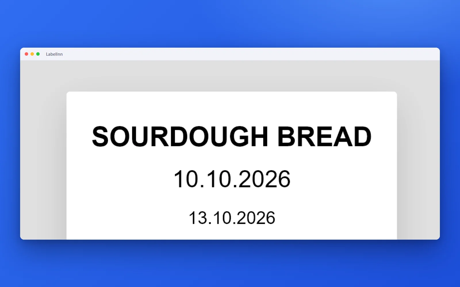 The bread label with a live bake date and a best-before date three days later.