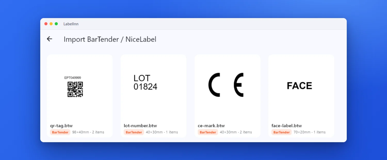 BarTender files in the LabelInn import gallery
