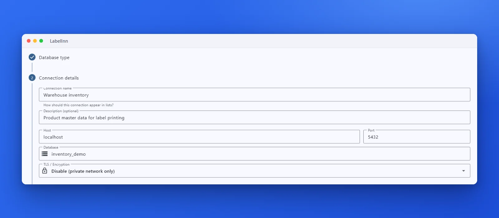 LabelInn bağlantı sihirbazı, 2. adım: bağlantı adı, sunucu, port, veritabanı ve TLS seçici (SQL Server)