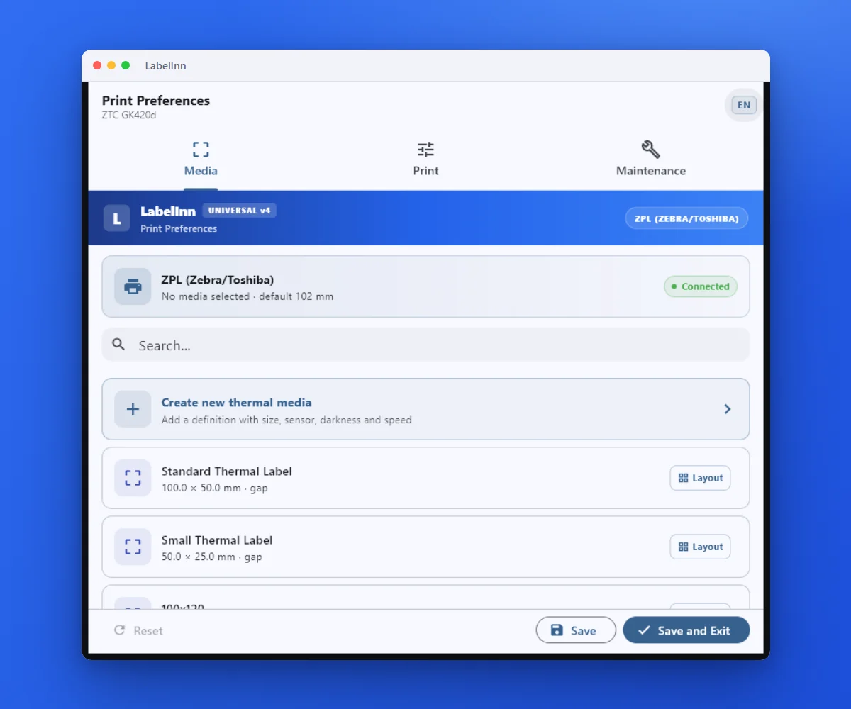 Open Preferences and choose the label size: LabelInn screenshot