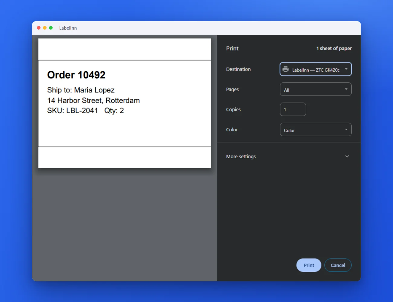 Print from Chrome, Word or any Windows app to a label printer — LabelInn