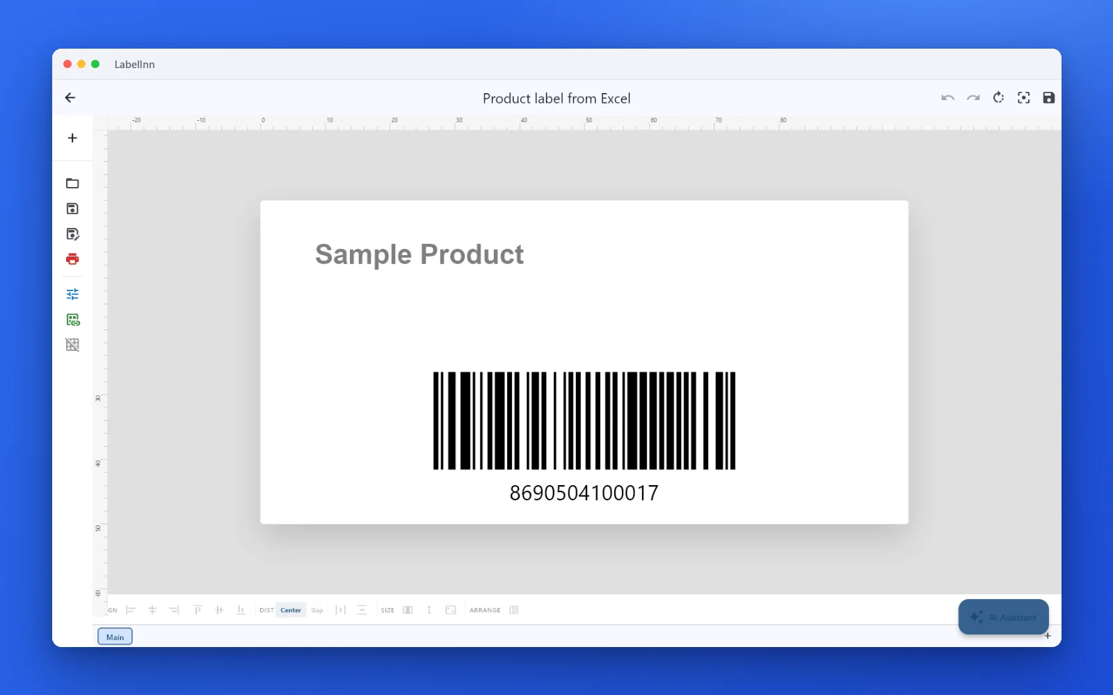 LabelInn label editor showing a 100 by 150 millimetre shipping label with recipient fields and barcode