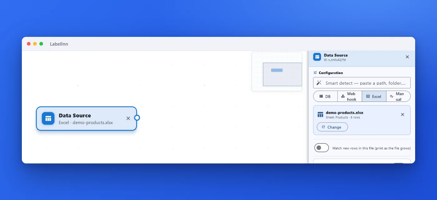Point the Data Source at your sheet: LabelInn screenshot
