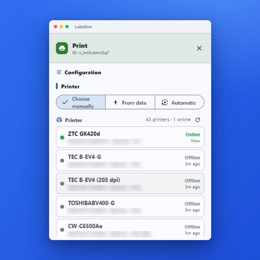 Add a Print node and choose the printer: LabelInn screenshot