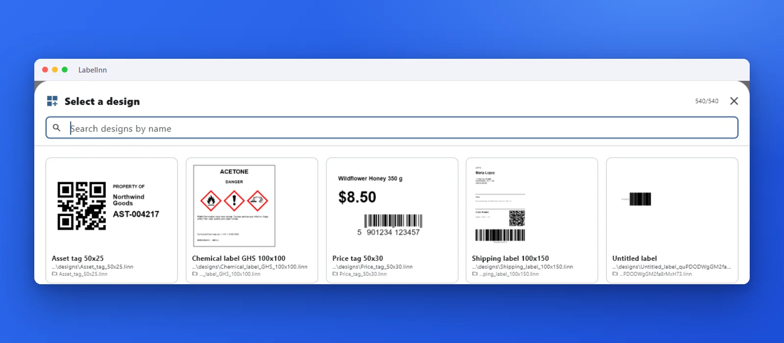 Choose the label design: LabelInn screenshot