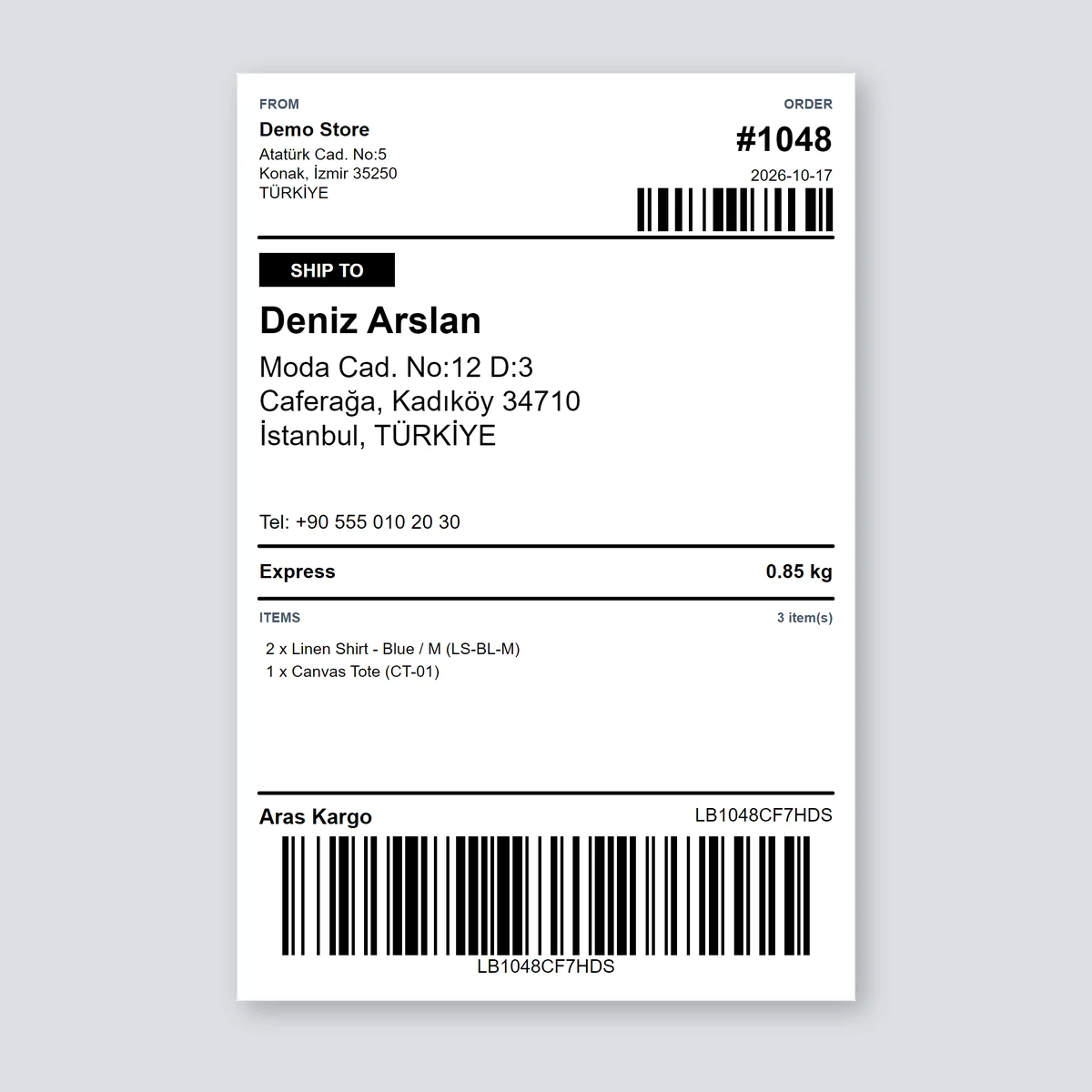 100 × 150 mm shipping label with the Aras Kargo tracking number and barcode, sample order — LabelInn