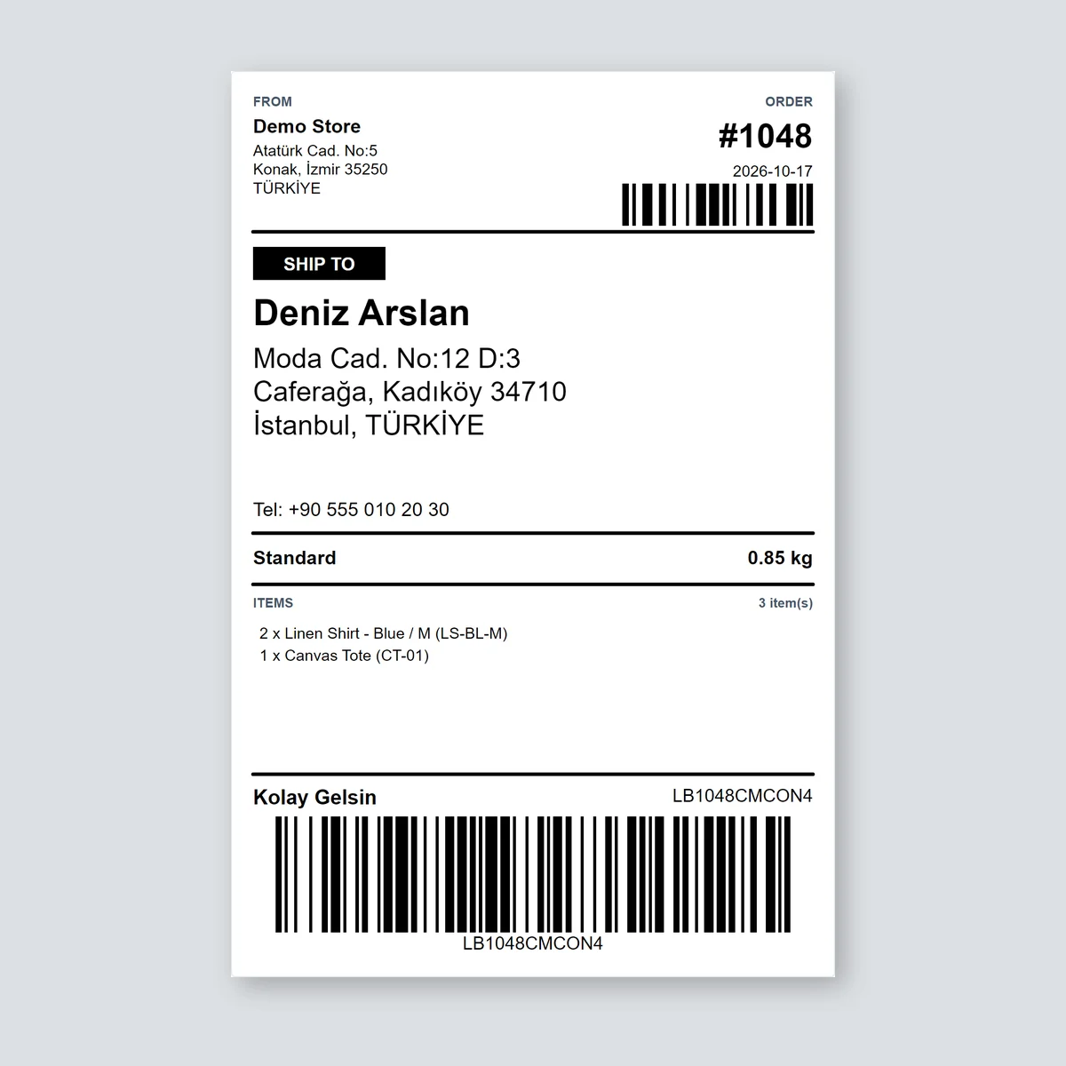 100 × 150 mm shipping label with the Kolay Gelsin tracking number and barcode, sample order — LabelInn
