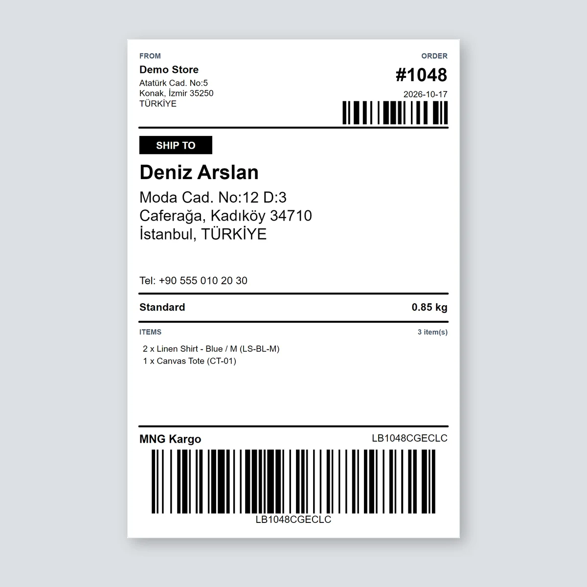 100 × 150 mm shipping label with the MNG Kargo tracking number and barcode, sample order — LabelInn