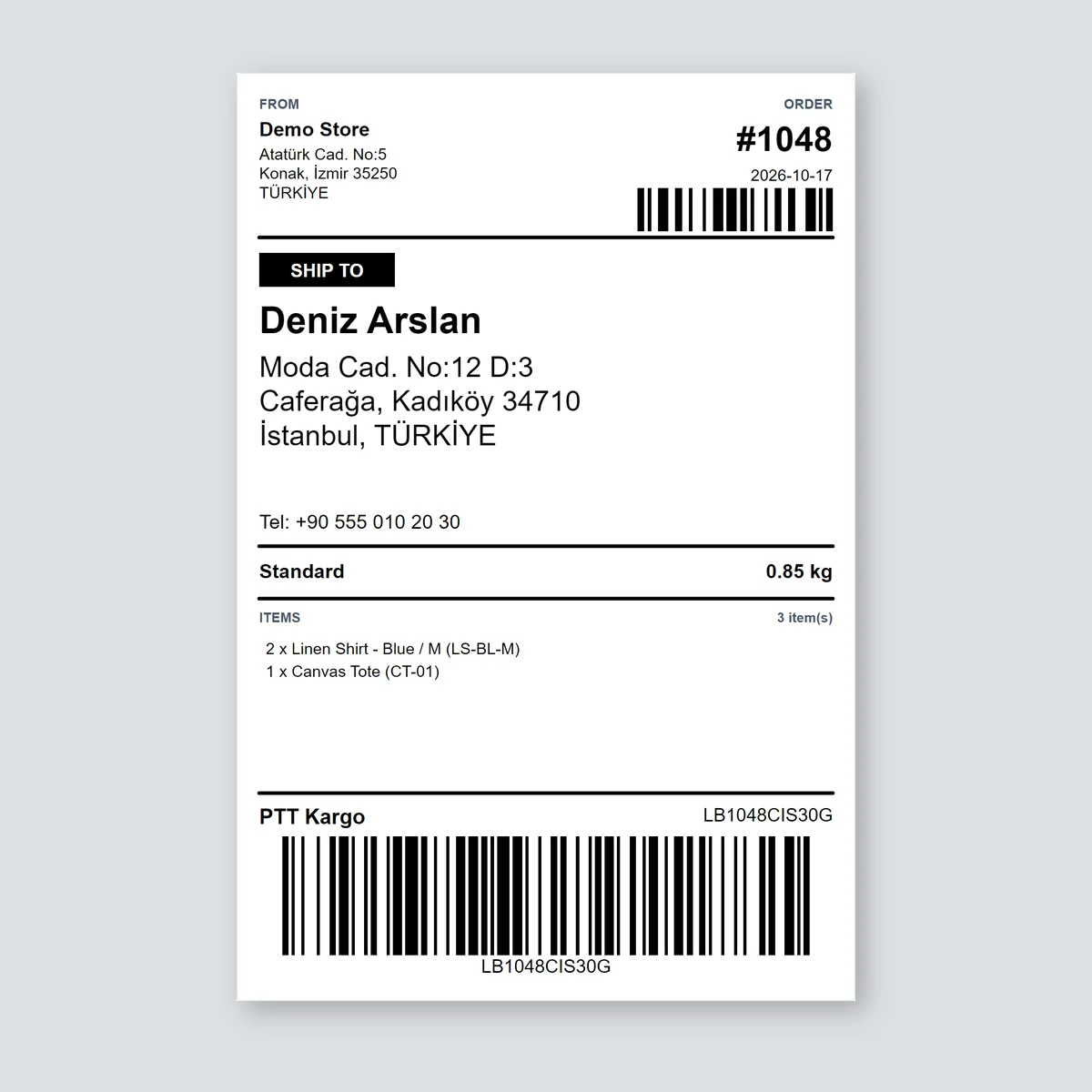 100 × 150 mm shipping label with the PTT Kargo tracking number and barcode, sample order — LabelInn