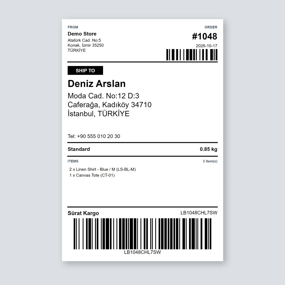 100 × 150 mm shipping label with the Sürat Kargo tracking number and barcode, sample order — LabelInn