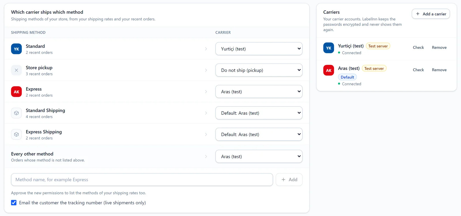 LabelInn Shopify panel mapping each shipping method to a carrier