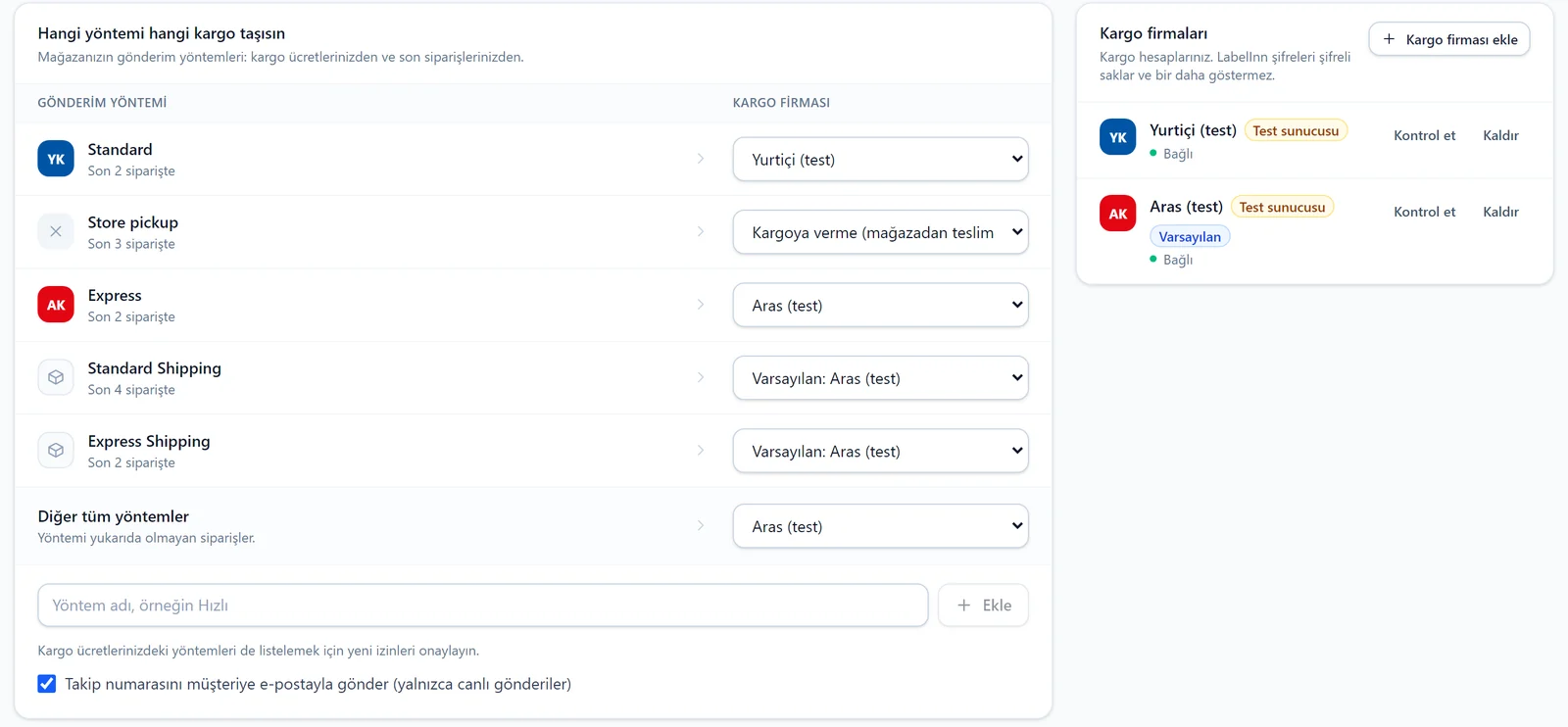 LabelInn Shopify panelinde gönderim yöntemlerini kargo firmalarına eşleme ekranı