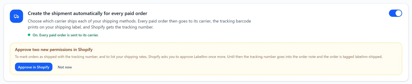 Switch to create the shipment automatically for every paid order
