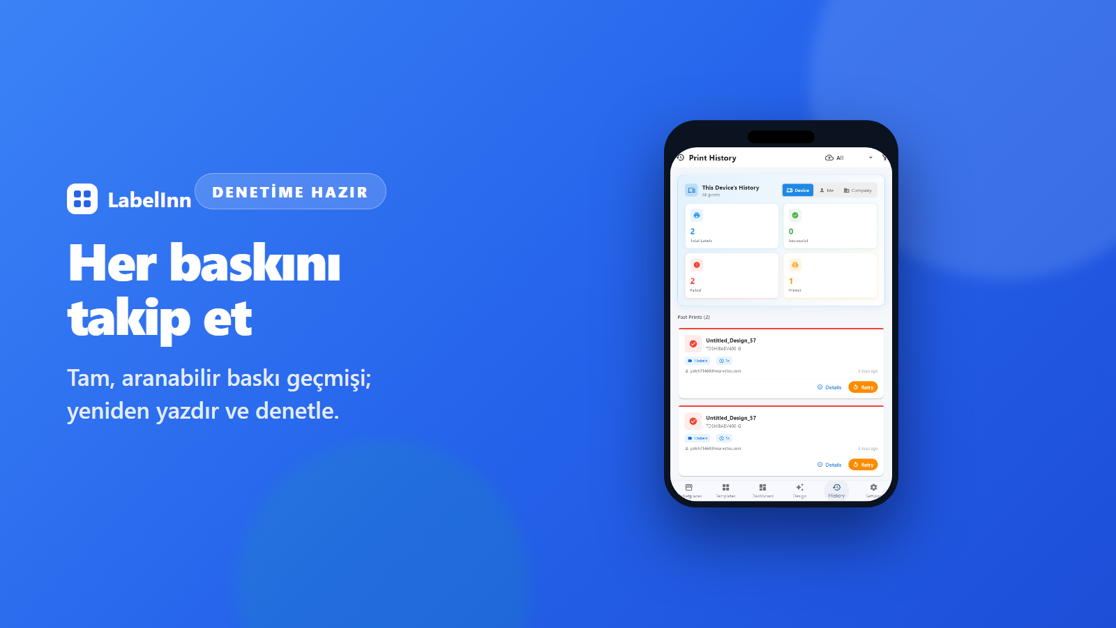 LabelInn etiket tasarımcısı, baskı ekranı ve baskı geçmişi