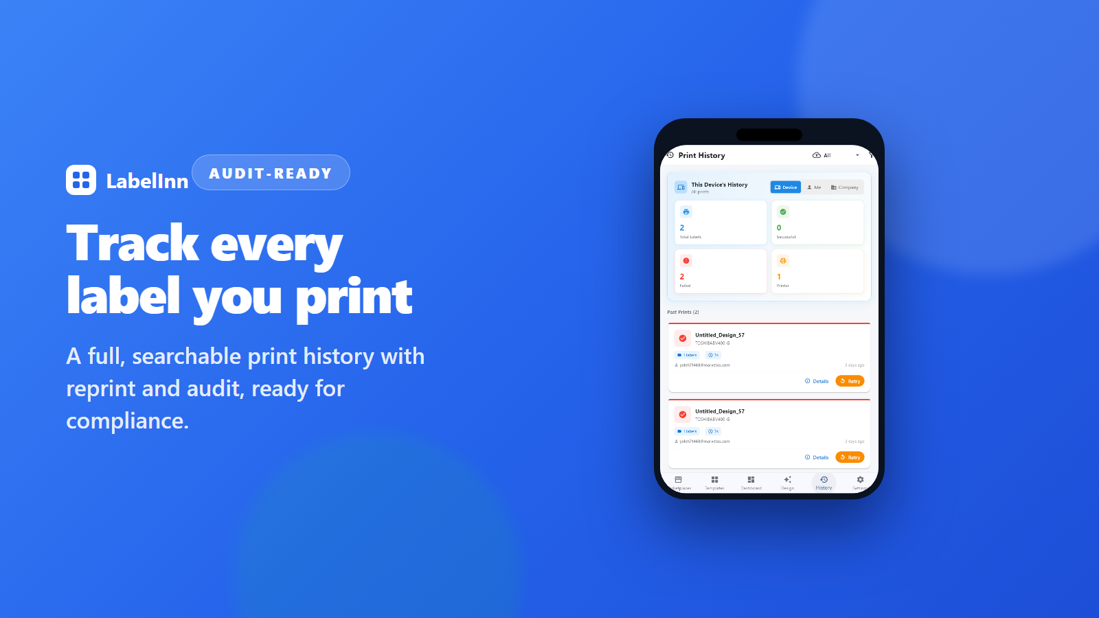 LabelInn label designer, print dialog and print history