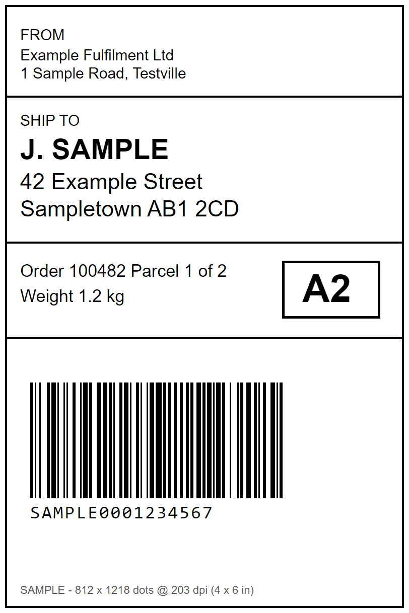 Sample 4 by 6 inch shipping label with address block and Code 128 barcode, drawn at 812 by 1218 dots for a 203 dpi Zebra GK420d