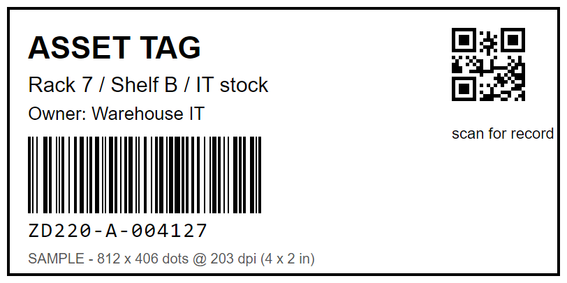 Sample 4 by 2 inch asset label with a Code 128 barcode and a QR code, drawn at 812 by 406 dots for a 203 dpi Zebra ZD220
