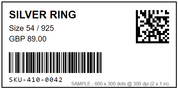 Sample 2 by 1 inch small-item label with a Data Matrix code and a Code 128 barcode, drawn at 600 by 300 dots for a 300 dpi Zebra ZD410