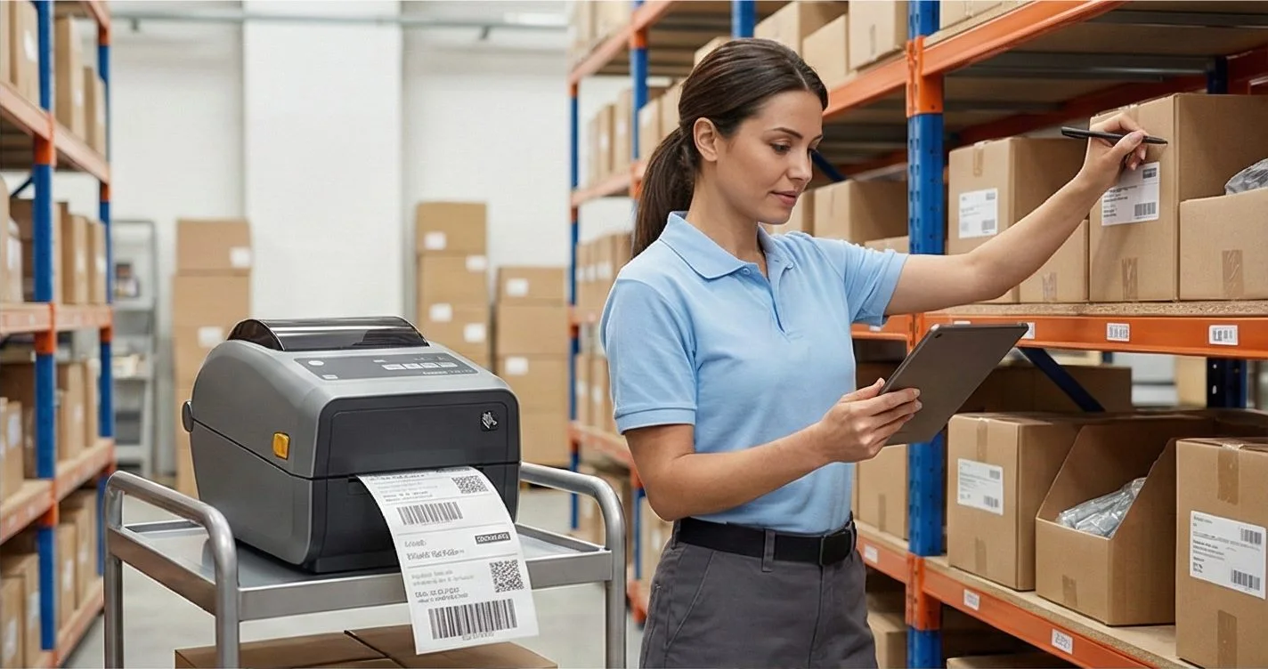 A warehouse worker with a tablet next to a label printer on a cart