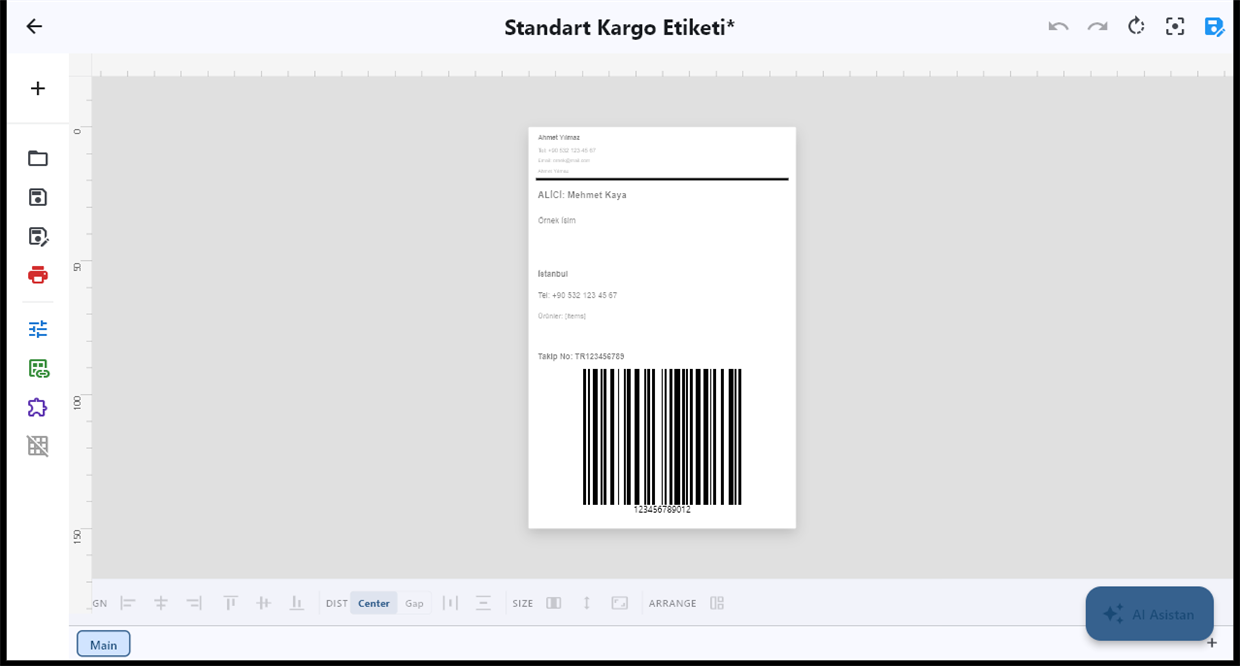 LabelInn Etiket Tasarım Arayüzü — Windows masaüstü kanvas