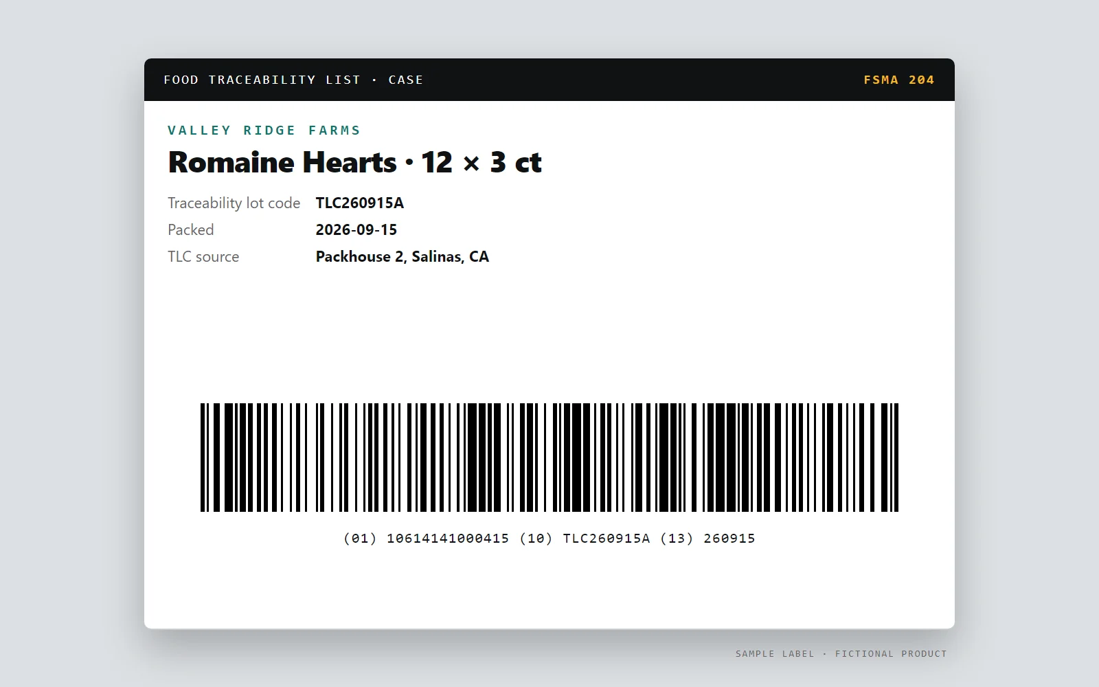 A sample produce case label with a GS1-128 barcode carrying the GTIN, the traceability lot code and the pack date — LabelInn
